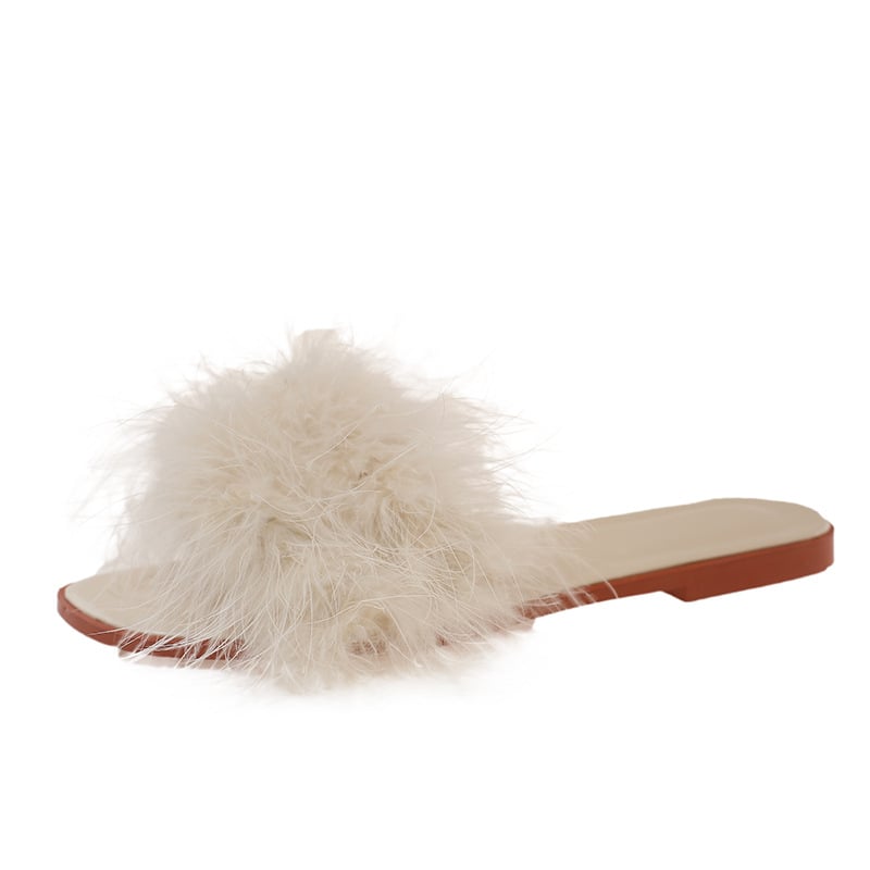 Papuci de mireasă cu pene, partea superioară PU, talpă din cauciuc, căptușeală din piele sintetică, model uni, rezistente la uzură