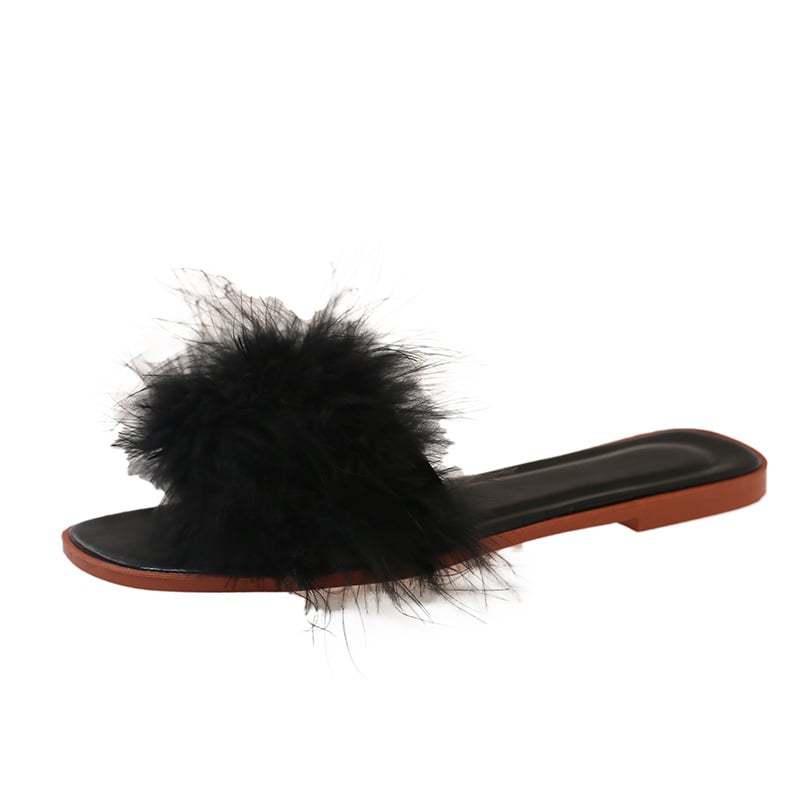 Papuci de mireasă cu pene, partea superioară PU, talpă din cauciuc, căptușeală din piele sintetică, model uni, rezistente la uzură