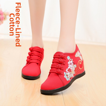 Pantofi din pânză țesută manual, model floral, închidere cu cataramă, toc înclinat 6–8 cm