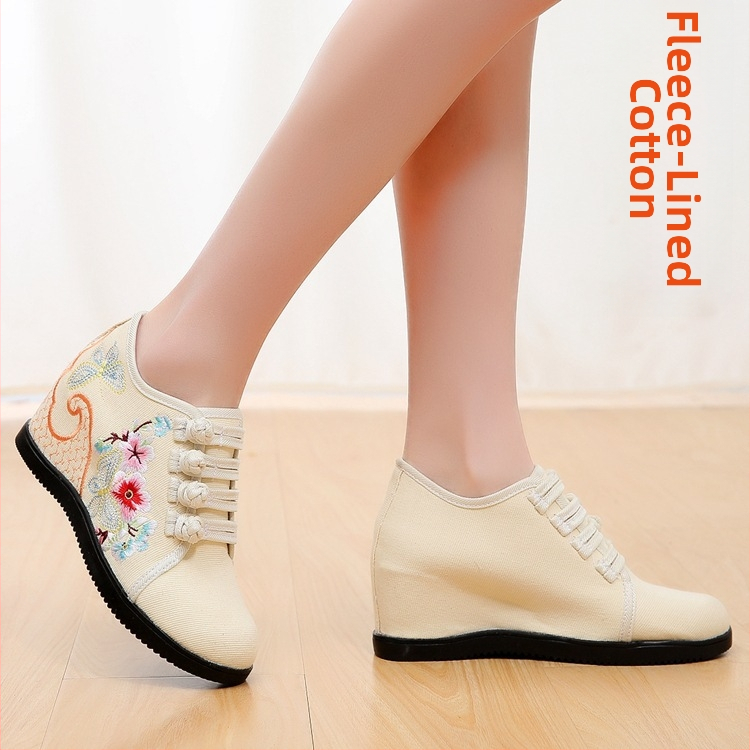 Pantofi din pânză țesută manual, model floral, închidere cu cataramă, toc înclinat 6–8 cm