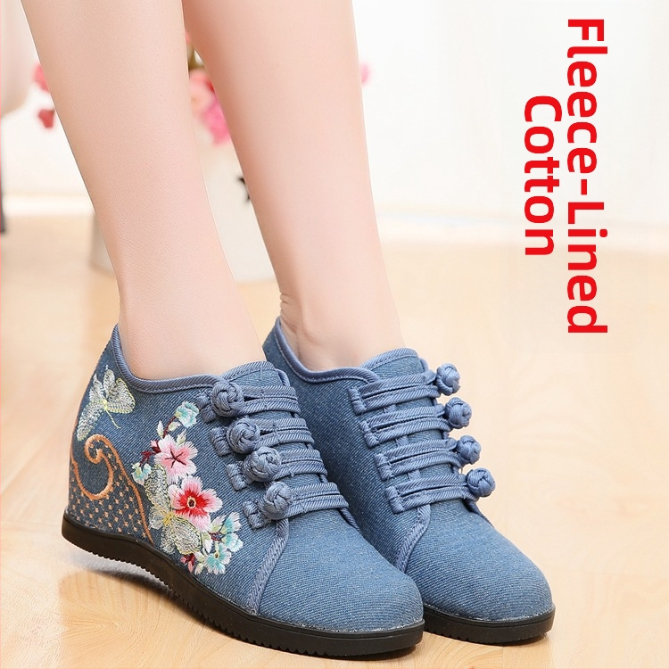 Pantofi din pânză țesută manual, model floral, închidere cu cataramă, toc înclinat 6–8 cm