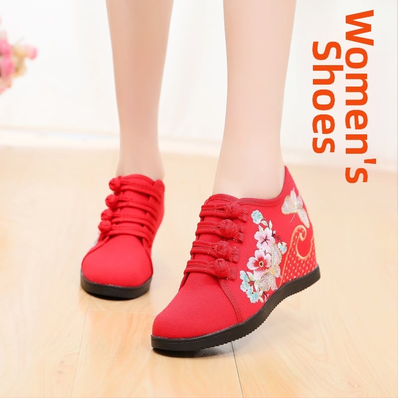 Pantofi din pânză țesută manual, model floral, închidere cu cataramă, toc înclinat 6–8 cm