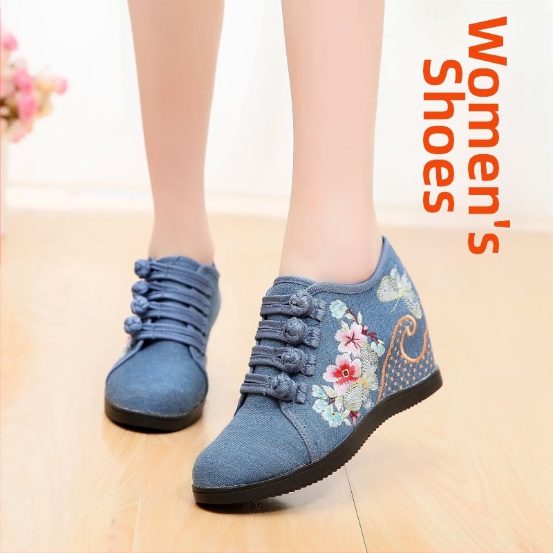 Pantofi din pânză țesută manual, model floral, închidere cu cataramă, toc înclinat 6–8 cm