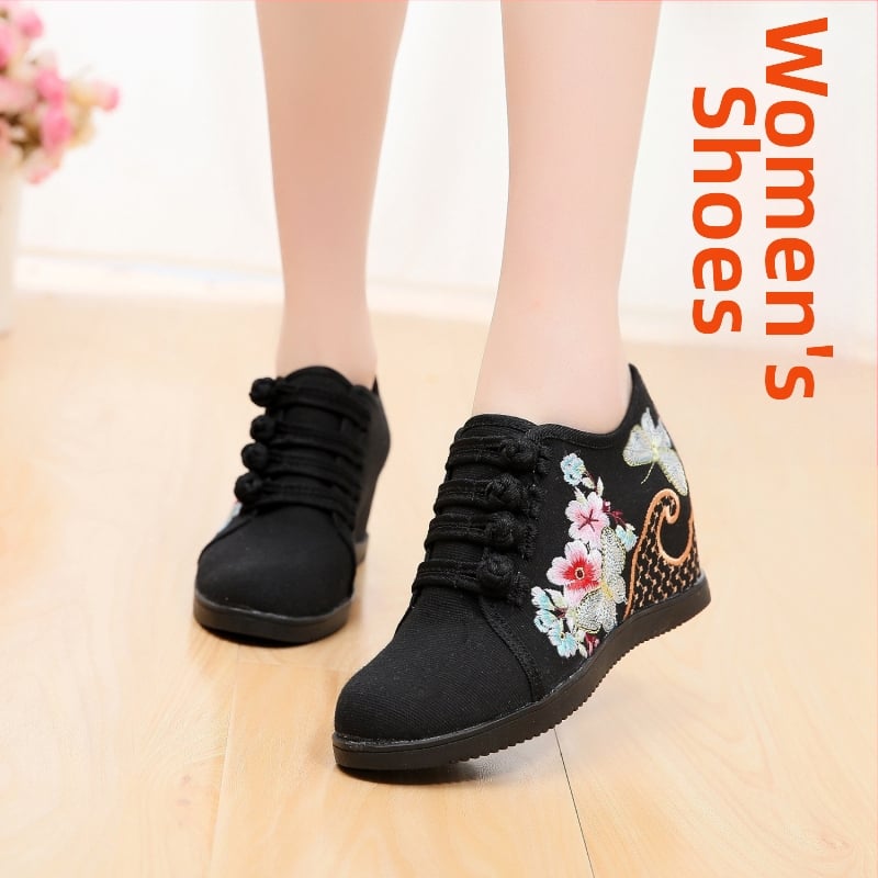 Pantofi din pânză țesută manual, model floral, închidere cu cataramă, toc înclinat 6–8 cm