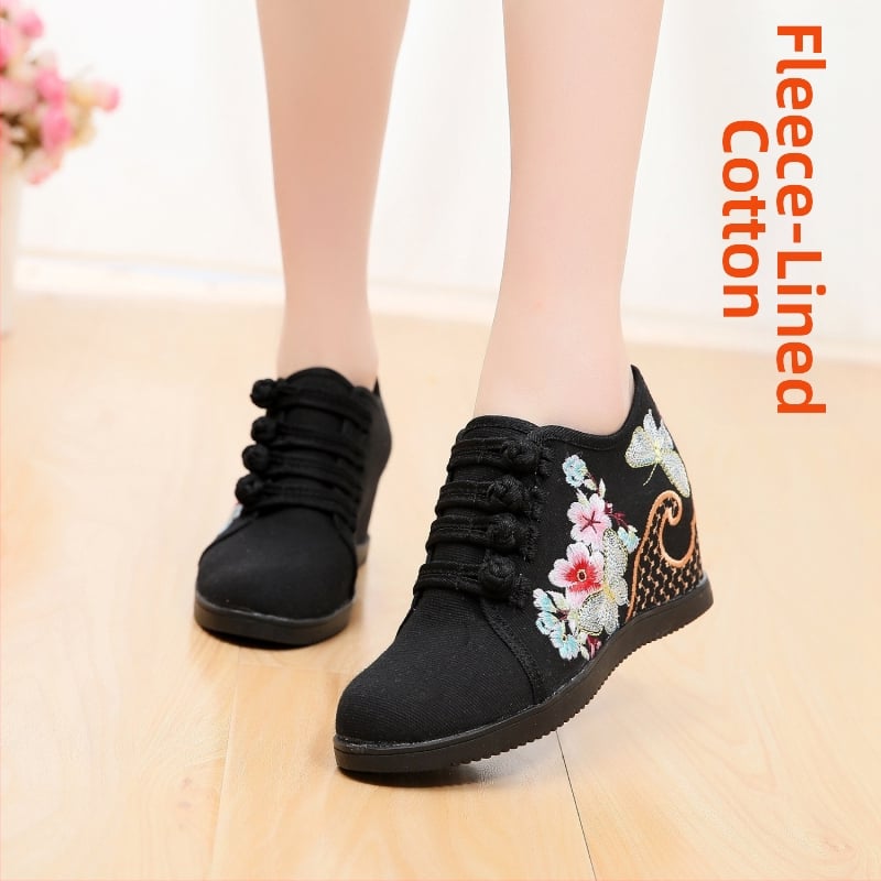 Pantofi din pânză țesută manual, model floral, închidere cu cataramă, toc înclinat 6–8 cm