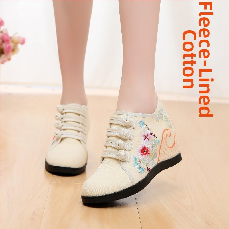 Pantofi din pânză țesută manual, model floral, închidere cu cataramă, toc înclinat 6–8 cm