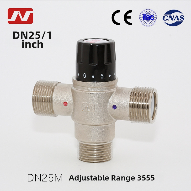 DN25M Θερμοστατική βαλβίδα ανάμειξης για ηλιακό σύστημα θέρμανσης νερού – 25 мм, πίεση 0.2–10 kg, ροή 2.3 t/h, ρυθμιζόμενη 35–55°C, εφαρμογές: ξενοδοχεία, σχολεία, εστίες, πισίνες