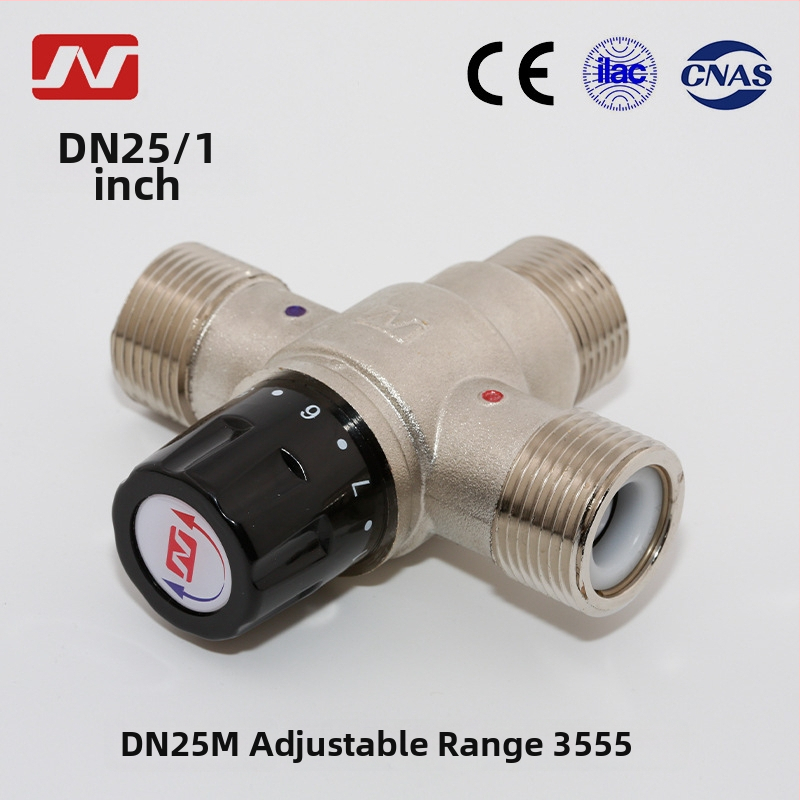 DN25M Θερμοστατική βαλβίδα ανάμειξης για ηλιακό σύστημα θέρμανσης νερού – 25 мм, πίεση 0.2–10 kg, ροή 2.3 t/h, ρυθμιζόμενη 35–55°C, εφαρμογές: ξενοδοχεία, σχολεία, εστίες, πισίνες