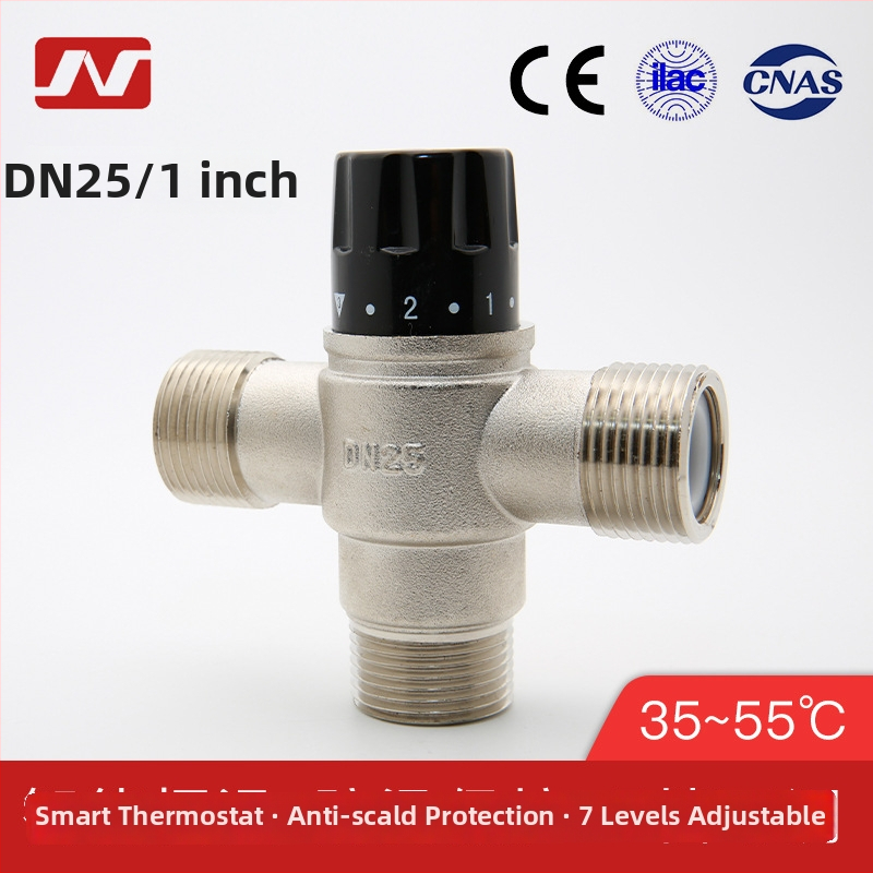 DN25M Θερμοστατική βαλβίδα ανάμειξης για ηλιακό σύστημα θέρμανσης νερού – 25 мм, πίεση 0.2–10 kg, ροή 2.3 t/h, ρυθμιζόμενη 35–55°C, εφαρμογές: ξενοδοχεία, σχολεία, εστίες, πισίνες