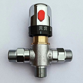 Valvă de amestec termostatic pentru sistem solar, corp din cupru, finisaj cromat, miez din cupru, apă rece 0–20°C, apă caldă 80°C