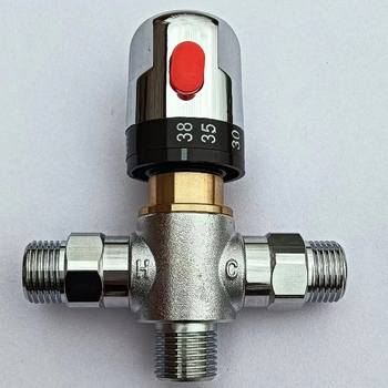 Valvă de amestec termostatic pentru sistem solar, corp din cupru, finisaj cromat, miez din cupru, apă rece 0–20°C, apă caldă 80°C