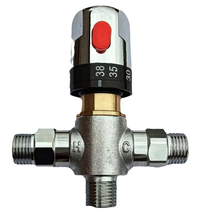 Valvă de amestec termostatic pentru sistem solar, corp din cupru, finisaj cromat, miez din cupru, apă rece 0–20°C, apă caldă 80°C