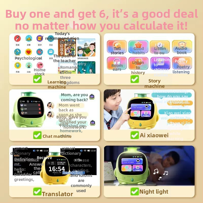 Dr. Pen Q1 Ceas inteligent deșteptare cu povestiri pentru somn, asistent vocal AI, Bluetooth, ecran LCD, reîncărcabil