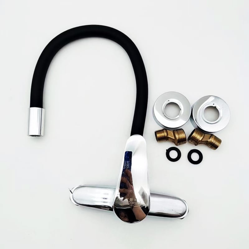 Falba épített konyhai keverőcsap, kettős karos kialakítás, belső szelepszár rézből, test cink ötvözet, 0-90°C hőmérséklet-tartomány