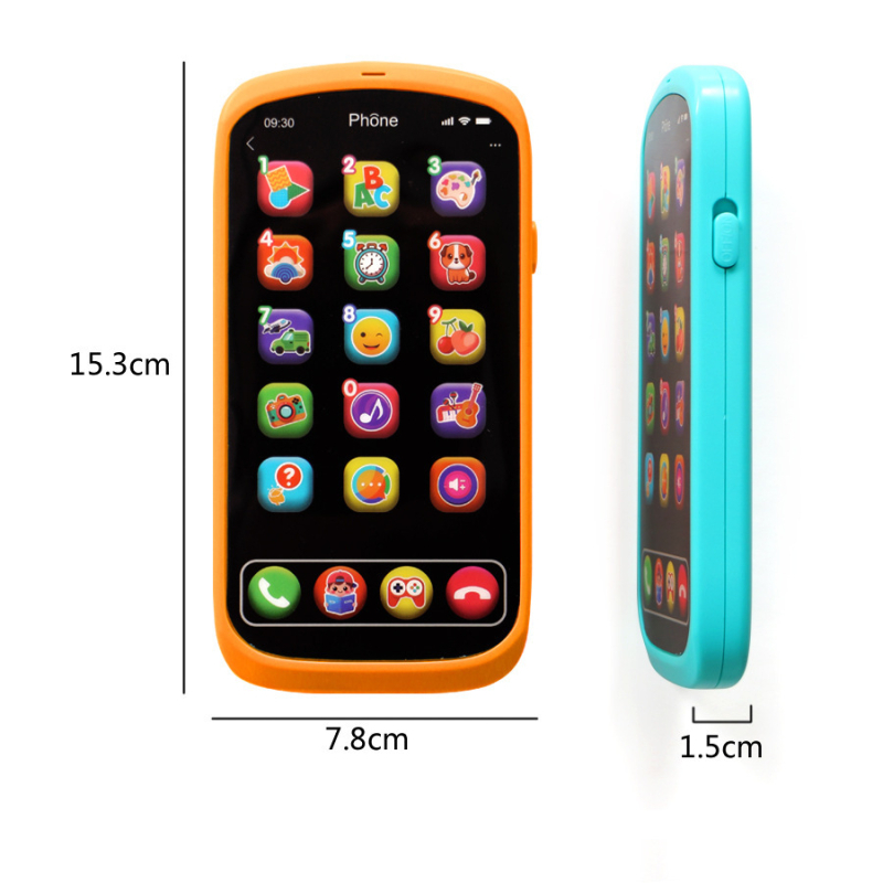 Telefon educațional cu ecran tactil pentru copii, muzică și voce, jocuri interactive, interacțiune emoțională și reacție la atingere; corp din plastic; memorie până la 1GB; alimentare cu baterii.
