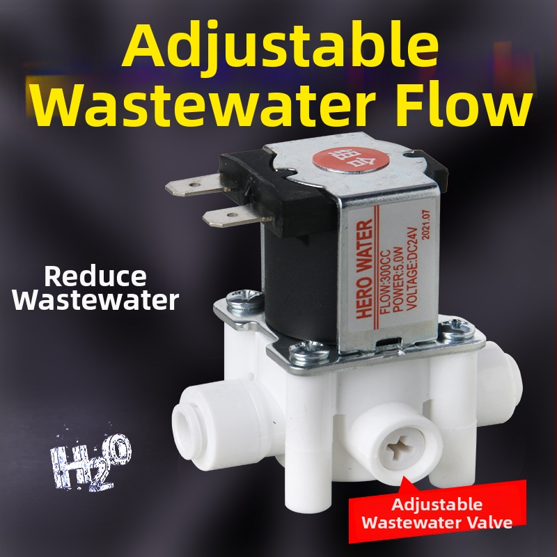 Ventil pentru sistem RO de purificare a apei, corp din cupru, materiale ignifuge și de calitate alimentară, cu întrerupător de spălare