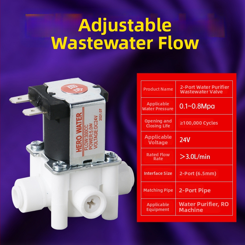 Ventil pentru sistem RO de purificare a apei, corp din cupru, materiale ignifuge și de calitate alimentară, cu întrerupător de spălare