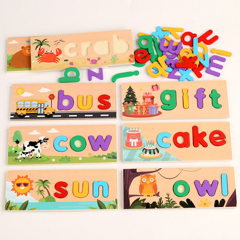 Drvene edukativne kartice s engleskim alfabetom za djecu, prepoznavanje voća i povrća — 3D puzzle za uzrast 4-6 godina, DIY paket