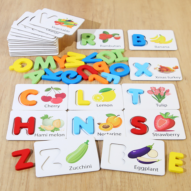 Drvene edukativne kartice s engleskim alfabetom za djecu, prepoznavanje voća i povrća — 3D puzzle za uzrast 4-6 godina, DIY paket