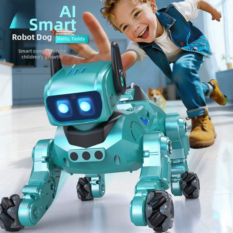 Câine robot AI – jucărie educațională cu telecomandă, încărcare USB, memorie de 8GB, sunet și proiecție de lumină, pentru copii 4–6 ani