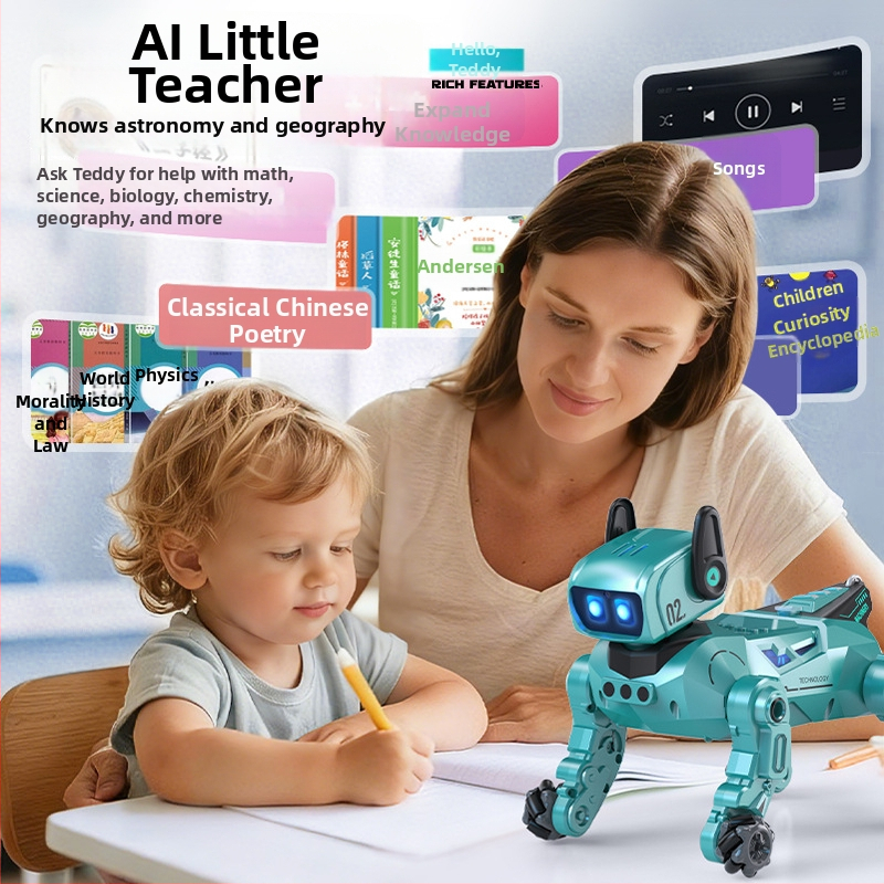 Câine robot AI – jucărie educațională cu telecomandă, încărcare USB, memorie de 8GB, sunet și proiecție de lumină, pentru copii 4–6 ani