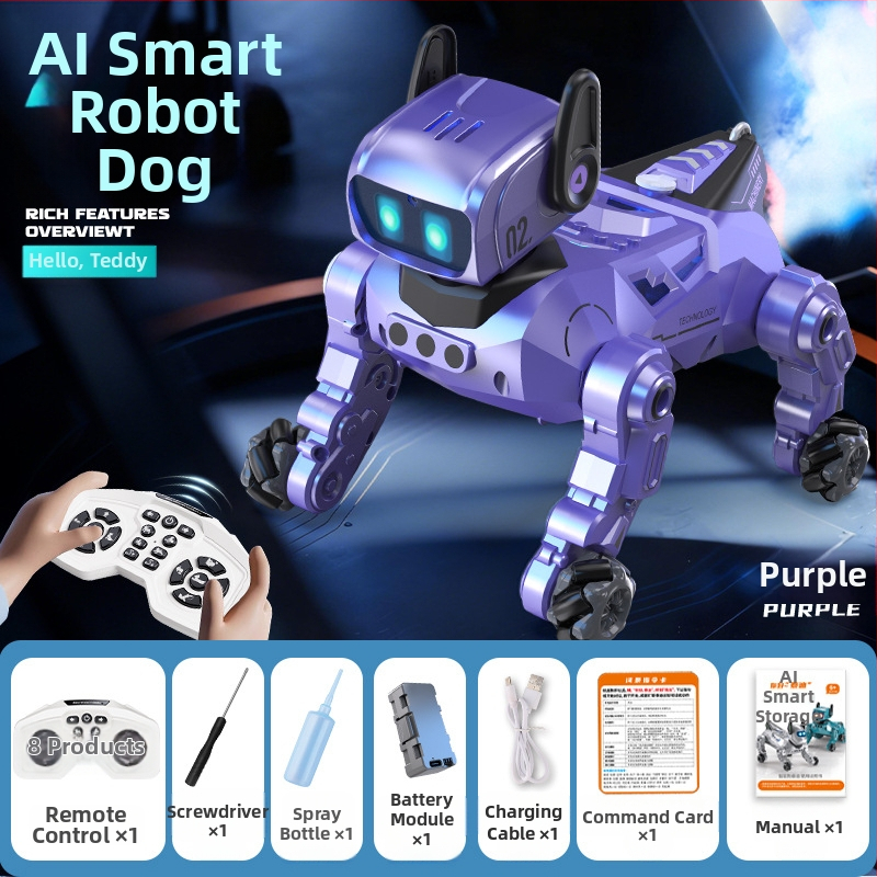 Câine robot AI – jucărie educațională cu telecomandă, încărcare USB, memorie de 8GB, sunet și proiecție de lumină, pentru copii 4–6 ani