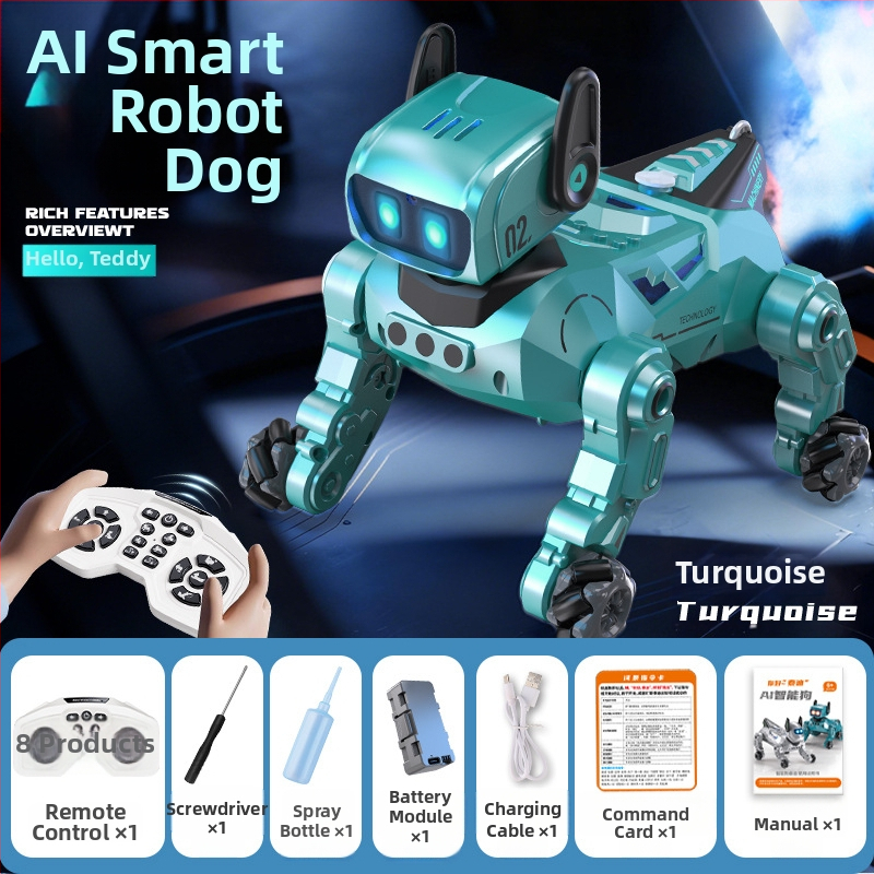 Câine robot AI – jucărie educațională cu telecomandă, încărcare USB, memorie de 8GB, sunet și proiecție de lumină, pentru copii 4–6 ani