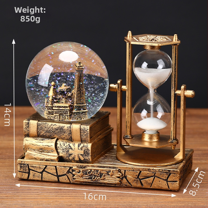 Clepsidră în turn retro cu sferă de cristal luminoasă și cutie muzicală, ornament de birou din rășină