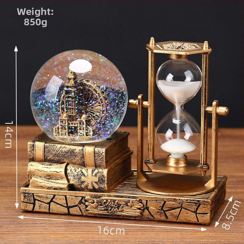 Clepsidră în turn retro cu sferă de cristal luminoasă și cutie muzicală, ornament de birou din rășină