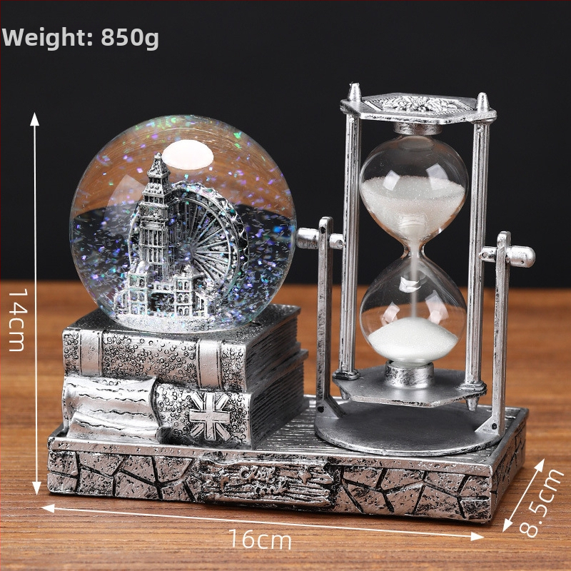 Clepsidră în turn retro cu sferă de cristal luminoasă și cutie muzicală, ornament de birou din rășină