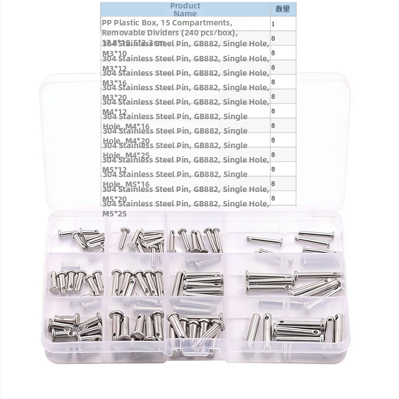 304 oceľové pozicionačné kolíky, valcovité, s plochou hlavou a otvorom, 96 ks v krabici