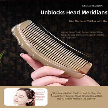 Pieptăn din corn de bivol natural, formă semilună, grosime 5 mm, model bambus, personalizare posibilă