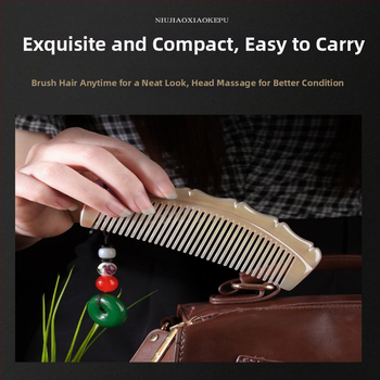 Pieptăn din corn de bivol natural, formă semilună, grosime 5 mm, model bambus, personalizare posibilă