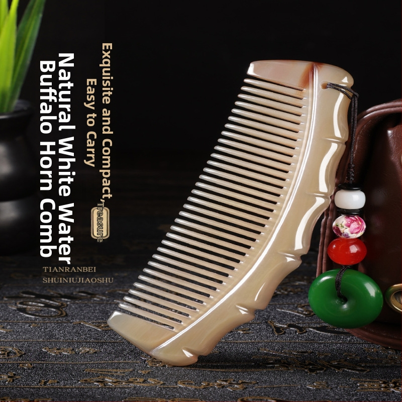 Pieptăn din corn de bivol natural, formă semilună, grosime 5 mm, model bambus, personalizare posibilă