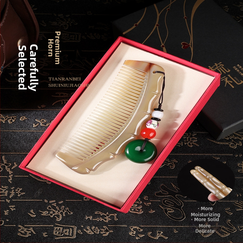 Pieptăn din corn de bivol natural, formă semilună, grosime 5 mm, model bambus, personalizare posibilă