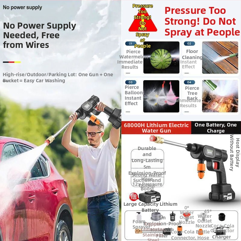 Mașină de spălat auto fără fir, portabilă, reîncărcabilă, pistol de înaltă presiune pentru apă cu duză din ABS plastic
