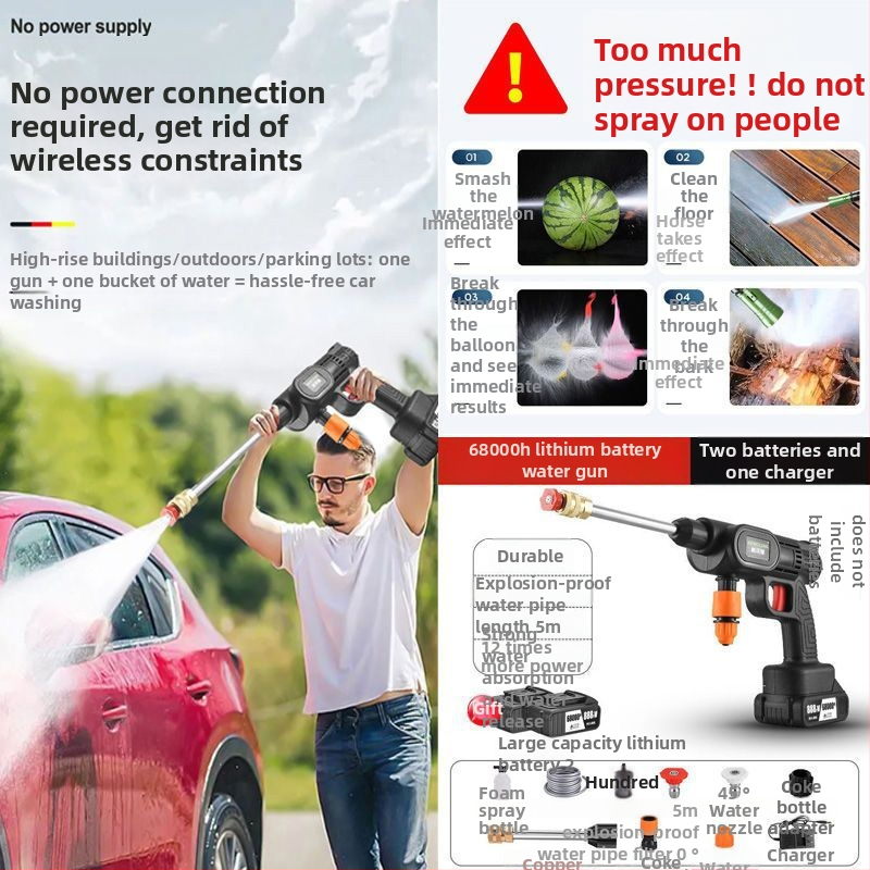 Mașină de spălat auto fără fir, portabilă, reîncărcabilă, pistol de înaltă presiune pentru apă cu duză din ABS plastic