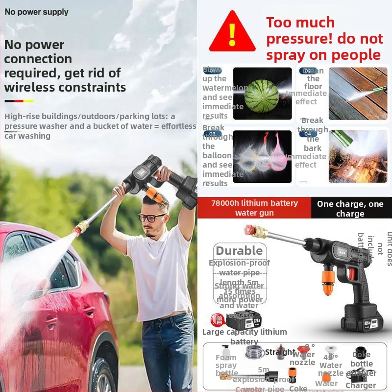 Mașină de spălat auto fără fir, portabilă, reîncărcabilă, pistol de înaltă presiune pentru apă cu duză din ABS plastic