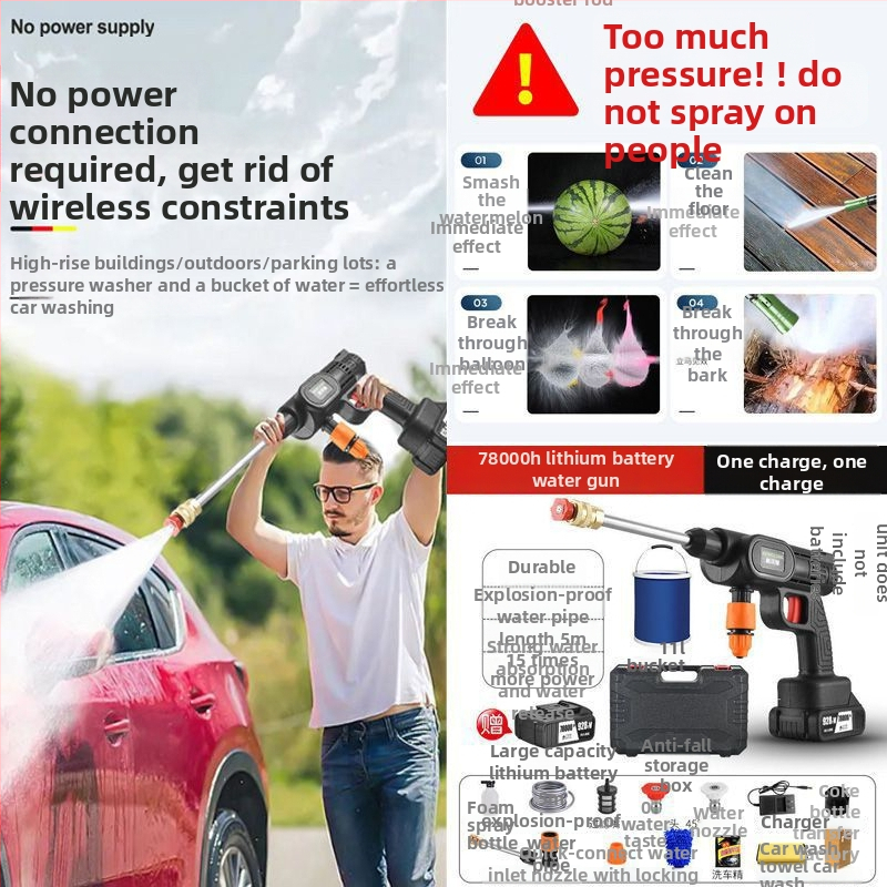 Mașină de spălat auto fără fir, portabilă, reîncărcabilă, pistol de înaltă presiune pentru apă cu duză din ABS plastic