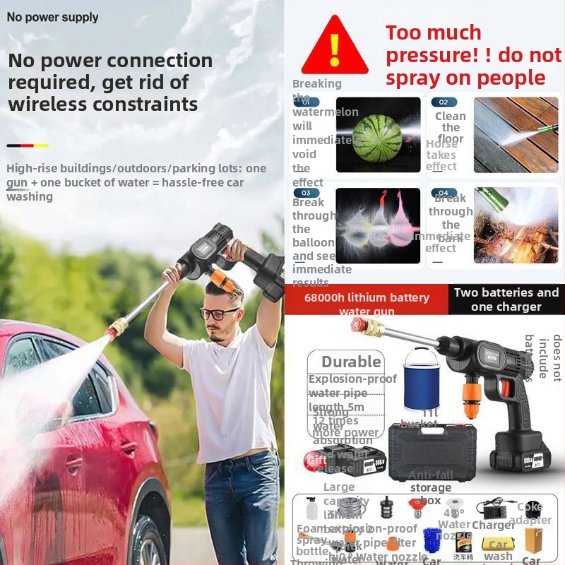 Mașină de spălat auto fără fir, portabilă, reîncărcabilă, pistol de înaltă presiune pentru apă cu duză din ABS plastic