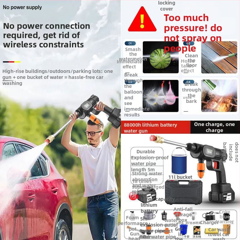 Mașină de spălat auto fără fir, portabilă, reîncărcabilă, pistol de înaltă presiune pentru apă cu duză din ABS plastic