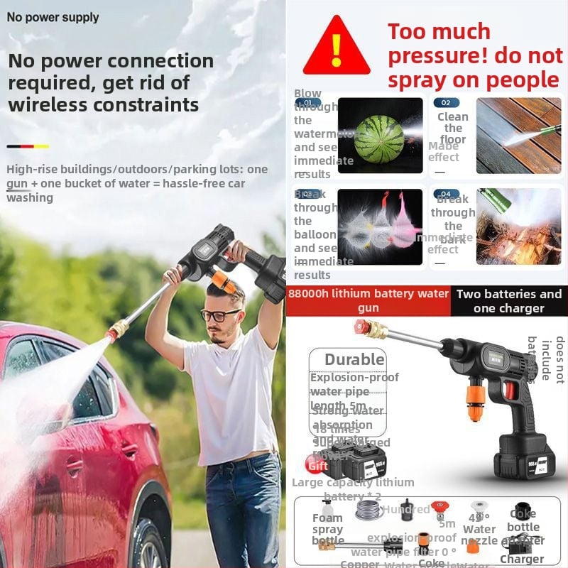 Mașină de spălat auto fără fir, portabilă, reîncărcabilă, pistol de înaltă presiune pentru apă cu duză din ABS plastic