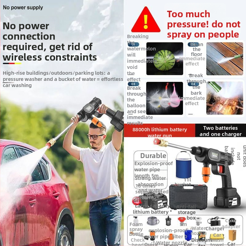 Mașină de spălat auto fără fir, portabilă, reîncărcabilă, pistol de înaltă presiune pentru apă cu duză din ABS plastic