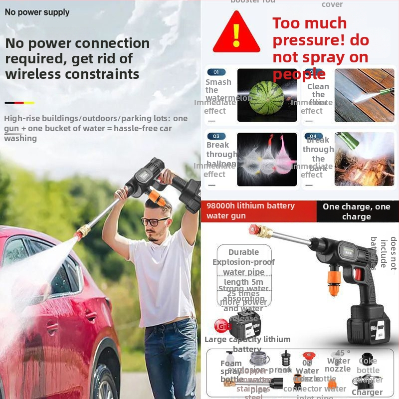 Mașină de spălat auto fără fir, portabilă, reîncărcabilă, pistol de înaltă presiune pentru apă cu duză din ABS plastic