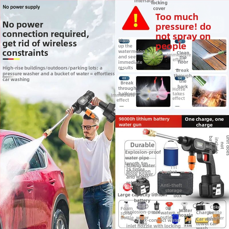 Mașină de spălat auto fără fir, portabilă, reîncărcabilă, pistol de înaltă presiune pentru apă cu duză din ABS plastic