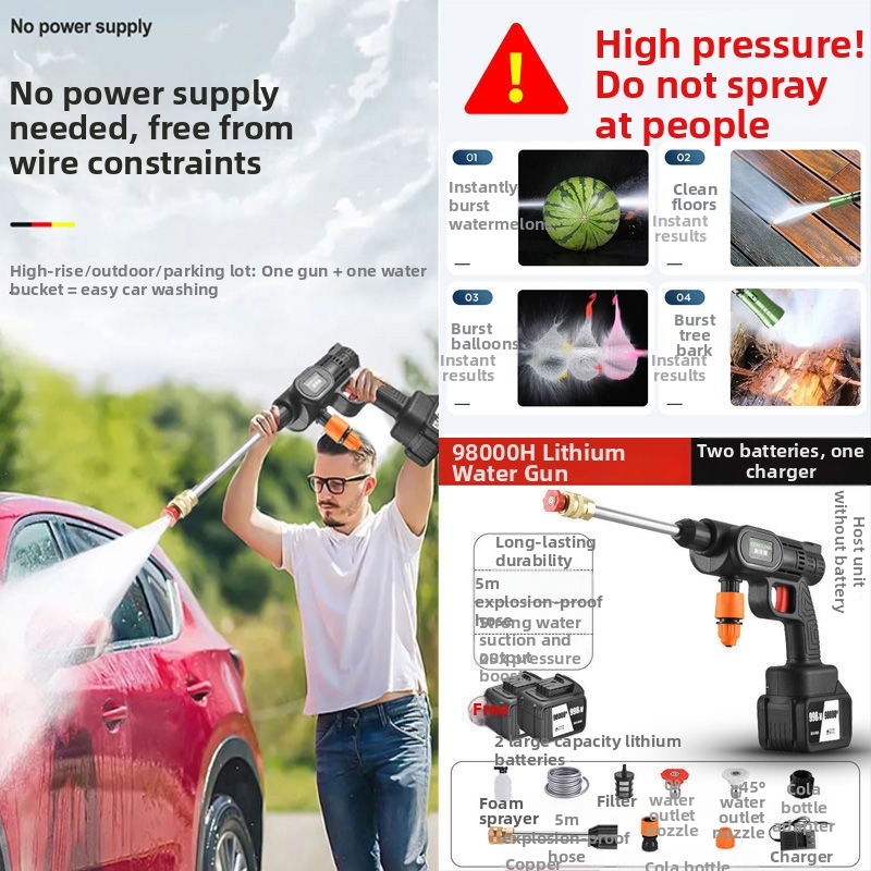 Mașină de spălat auto fără fir, portabilă, reîncărcabilă, pistol de înaltă presiune pentru apă cu duză din ABS plastic