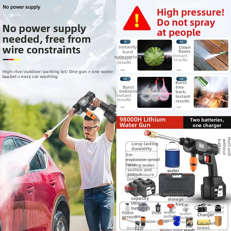 Mașină de spălat auto fără fir, portabilă, reîncărcabilă, pistol de înaltă presiune pentru apă cu duză din ABS plastic