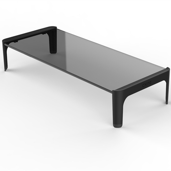 Stojan z kaleného skla pre monitor s regálom na uloženie na stole, model SY-MS06DB, mechanické ovládanie, napájací kábel a adaptér sú súčasťou