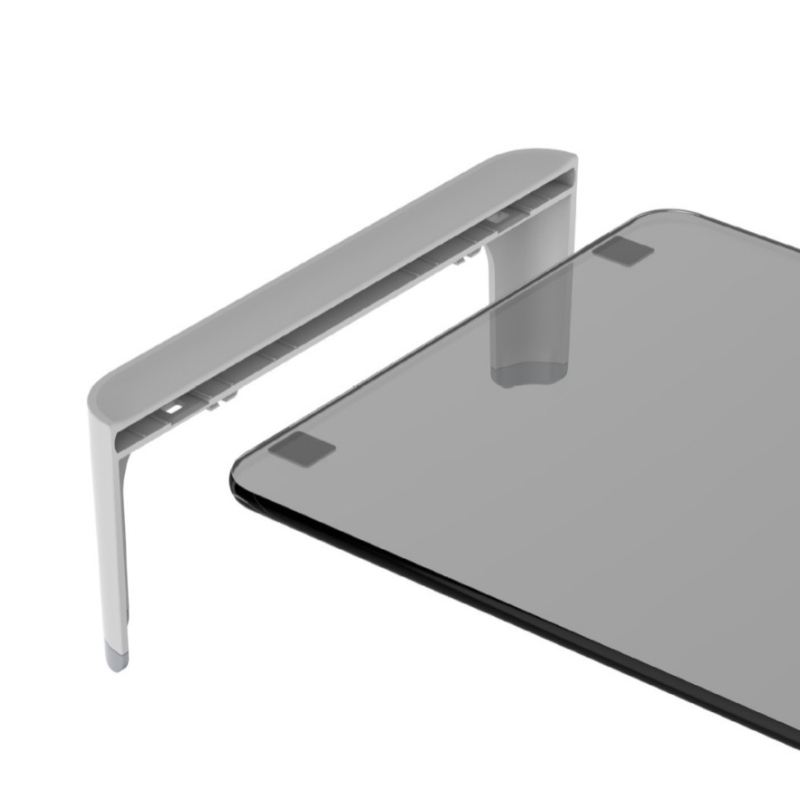 Stojan z kaleného skla pre monitor s regálom na uloženie na stole, model SY-MS06DB, mechanické ovládanie, napájací kábel a adaptér sú súčasťou