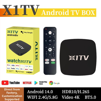 TV Box X1TV1: Android TV prehrávač, štvorjadrový procesor, 1080p HD, dvojpásmové Wi‑Fi, 8/64/128GB vstavané úložisko.
